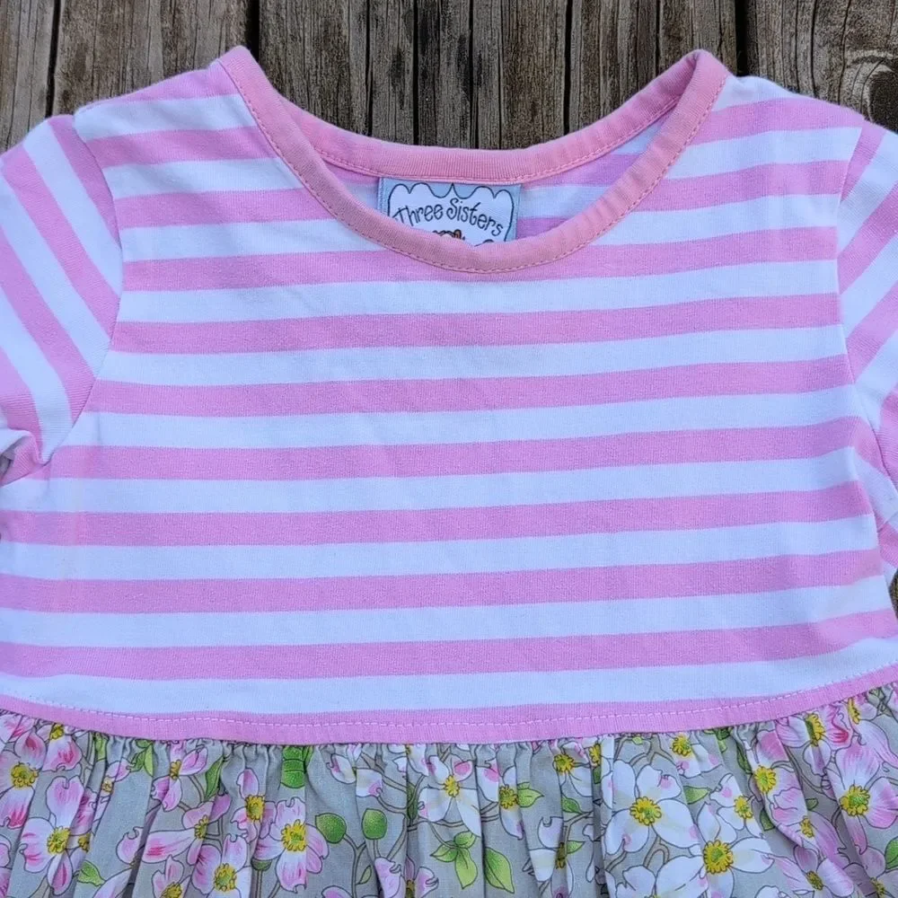 Three Sisters 18 Months Bell Sleeve Ruffle Skirt Dress Floral Pink White Stripes